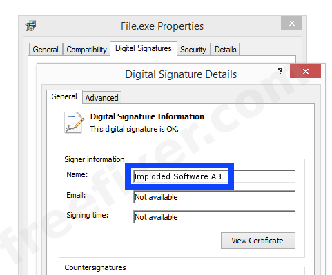 Screenshot of the Imploded Software AB certificate